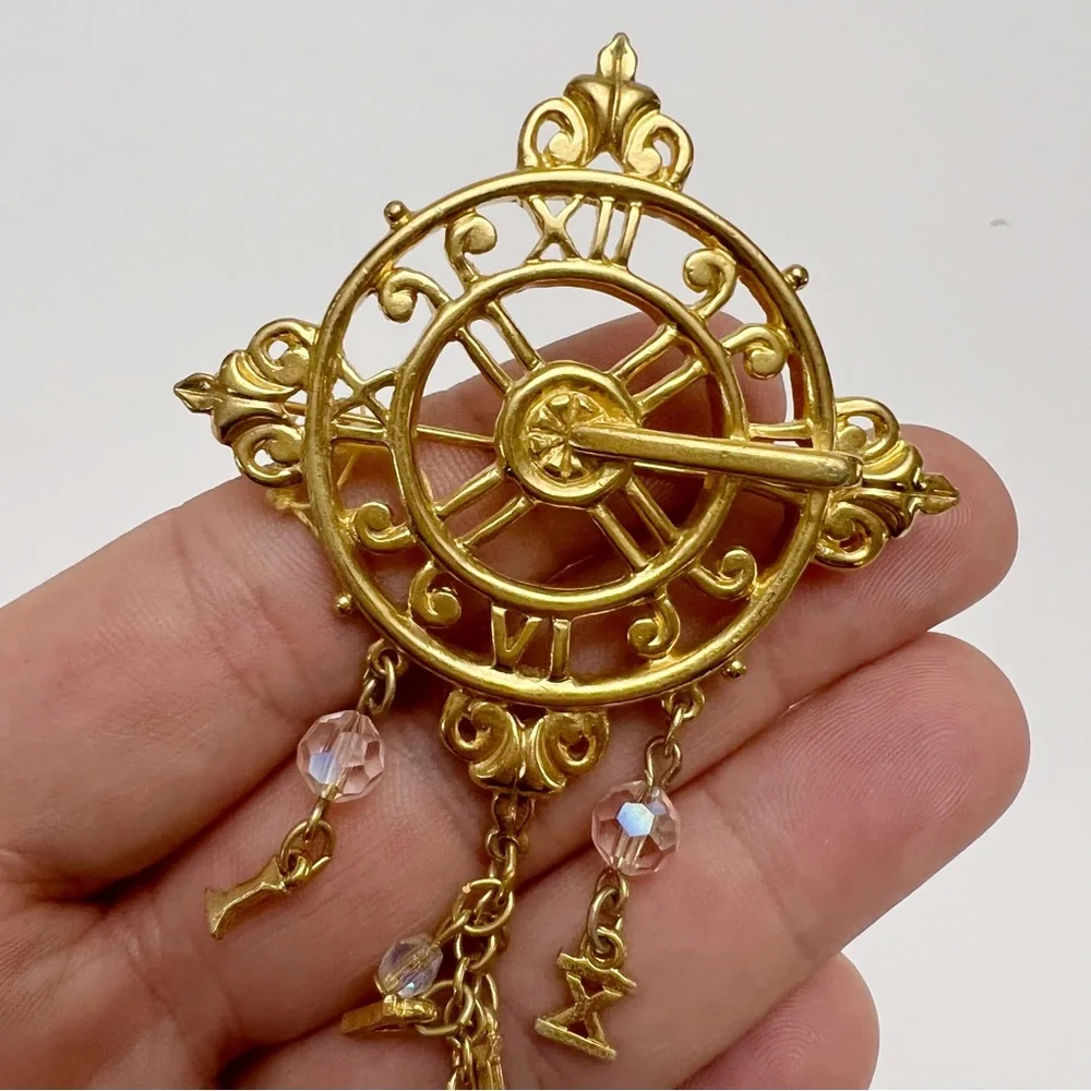 Vtg Kirks Folly Time Celebration Sundial Clock Dangle Crystal Goldtone Brooch - Picture 5 of 7